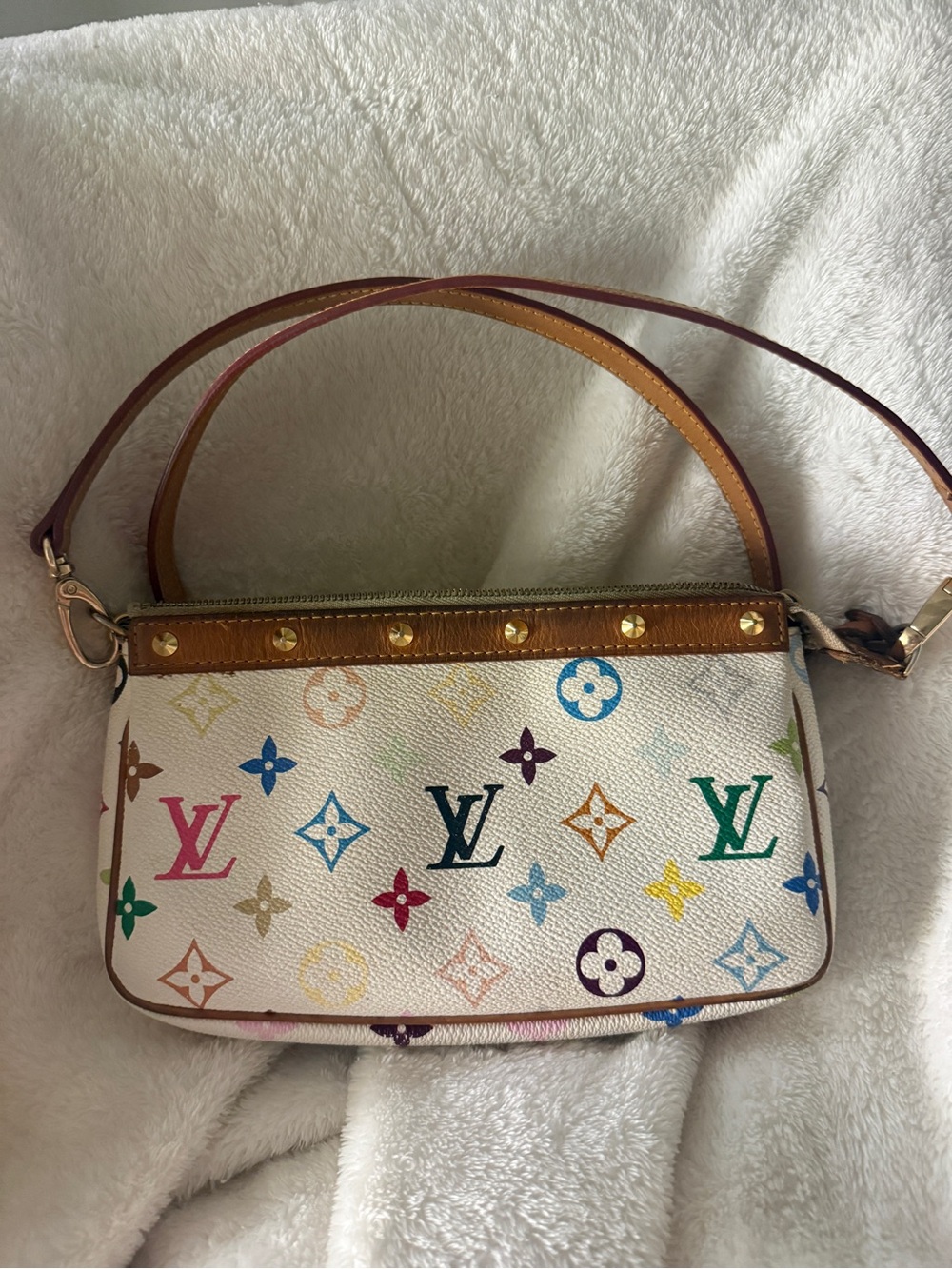 Louis Vuitton White Multicolor Monogram Shoulder Bag with Tan Trim